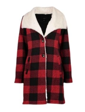 Steve Madden Buffalo Plaid Coat Faux Fur Collar Red Black Plus Size 1X Cabincore